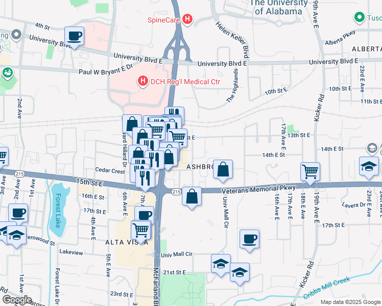 map of restaurants, bars, coffee shops, grocery stores, and more near 1364 10th Avenue East in Tuscaloosa