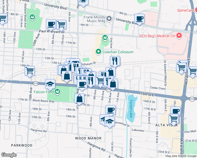 map of restaurants, bars, coffee shops, grocery stores, and more near 306 Wesley Place in Tuscaloosa