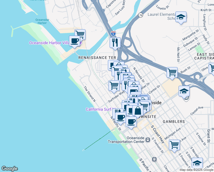 map of restaurants, bars, coffee shops, grocery stores, and more near 725 North Cleveland Street in Oceanside