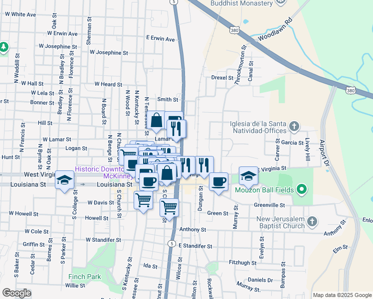 map of restaurants, bars, coffee shops, grocery stores, and more near 300 North McDonald Street in McKinney