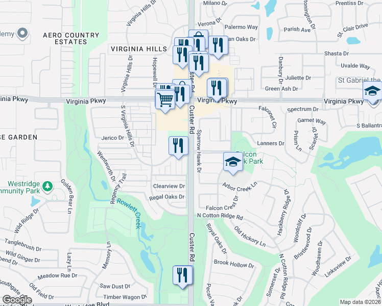 map of restaurants, bars, coffee shops, grocery stores, and more near Falcon View Dr in McKinney