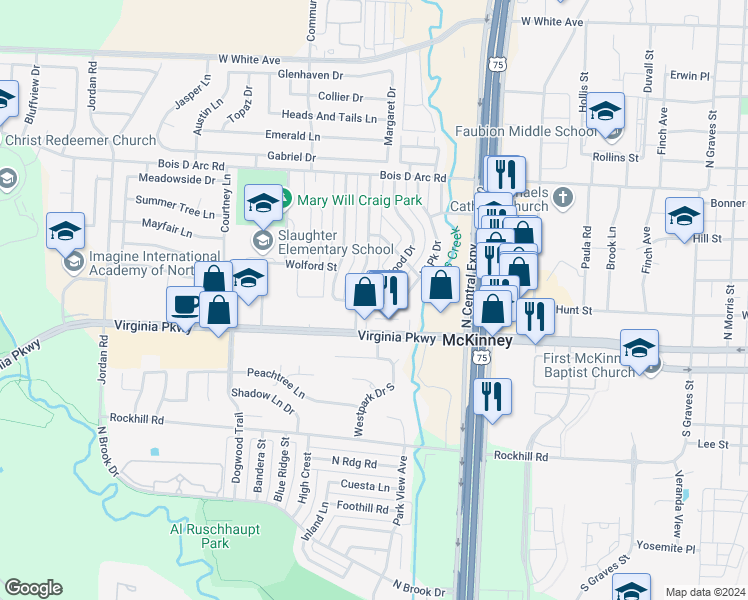 map of restaurants, bars, coffee shops, grocery stores, and more near 199 Northwood Drive in McKinney
