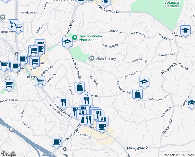 map of restaurants, bars, coffee shops, grocery stores, and more near 436 Avalon Drive in Vista