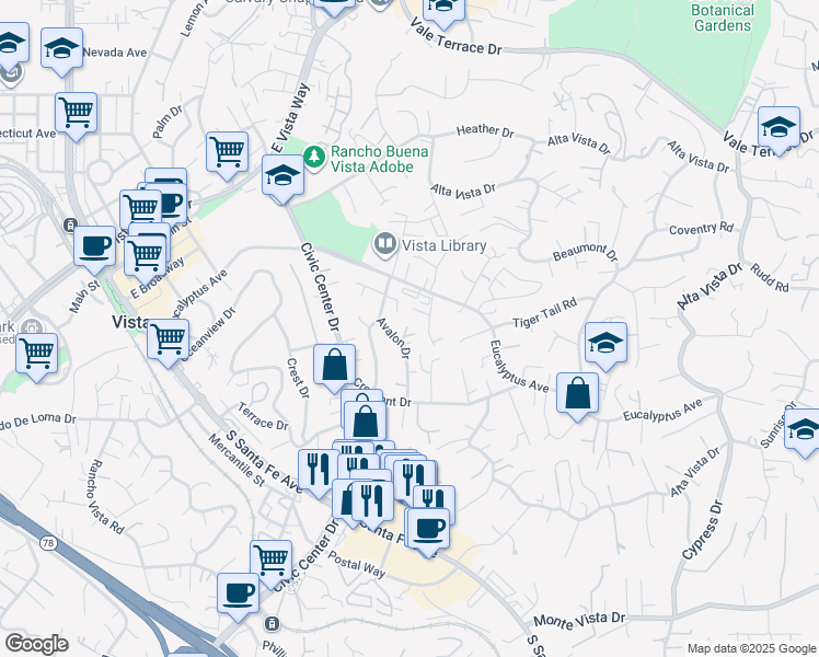 map of restaurants, bars, coffee shops, grocery stores, and more near 436 Avalon Drive in Vista