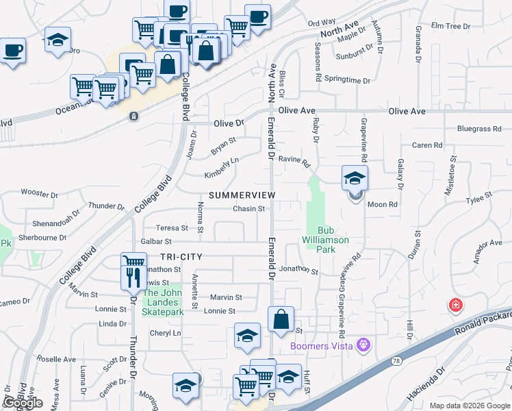 map of restaurants, bars, coffee shops, grocery stores, and more near 2700 Harriet Street in Oceanside