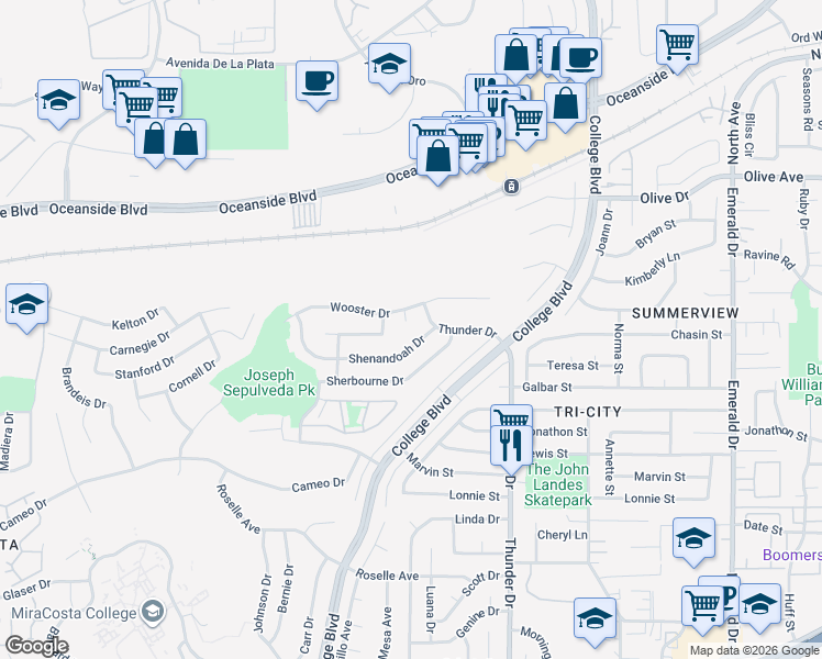 map of restaurants, bars, coffee shops, grocery stores, and more near 3966 Shenandoah Drive in Oceanside