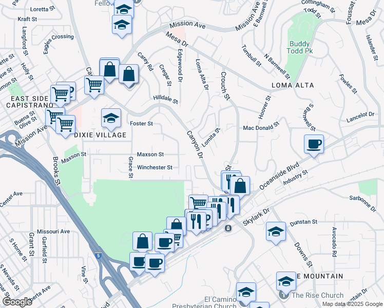 map of restaurants, bars, coffee shops, grocery stores, and more near 2327 Maxson Street in Oceanside