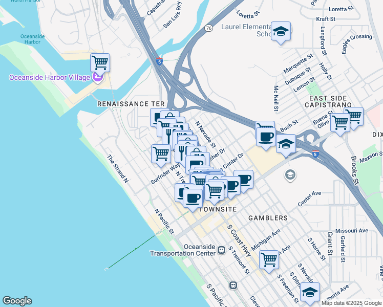 map of restaurants, bars, coffee shops, grocery stores, and more near 510 North Freeman Street in Oceanside
