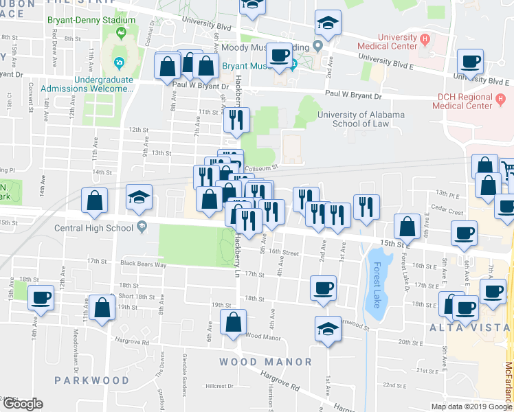 map of restaurants, bars, coffee shops, grocery stores, and more near 503 Wesley Place in Tuscaloosa