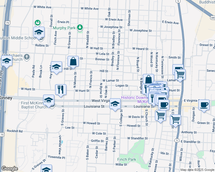 map of restaurants, bars, coffee shops, grocery stores, and more near 618 West Hunt Street in McKinney