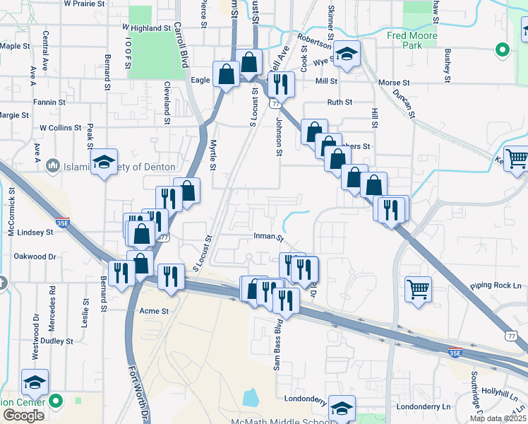map of restaurants, bars, coffee shops, grocery stores, and more near 201 Inman Street in Denton