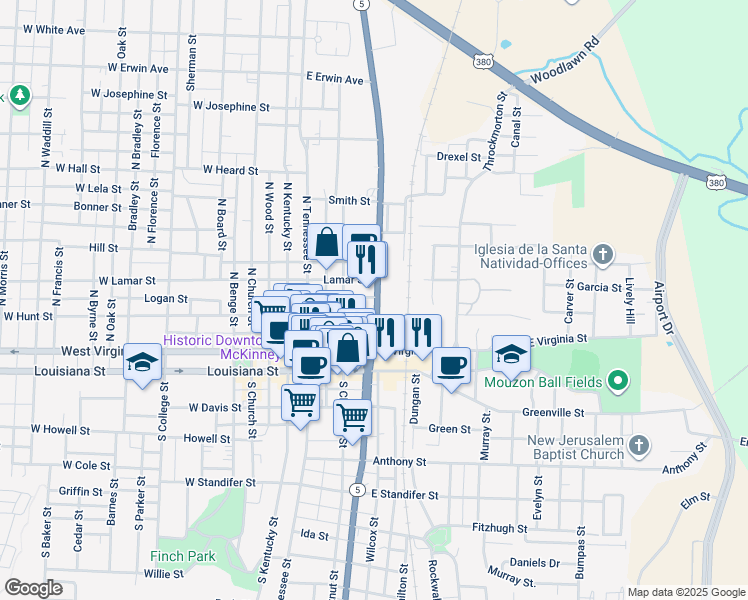 map of restaurants, bars, coffee shops, grocery stores, and more near 305 North McDonald Street in McKinney