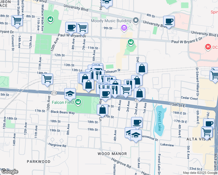 map of restaurants, bars, coffee shops, grocery stores, and more near 515 Wesley Place in Tuscaloosa