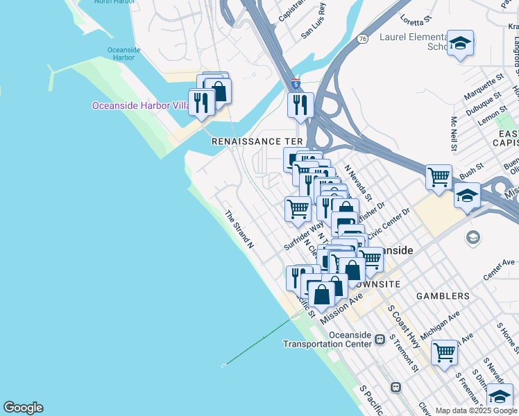 map of restaurants, bars, coffee shops, grocery stores, and more near 804 North Pacific Street in Oceanside