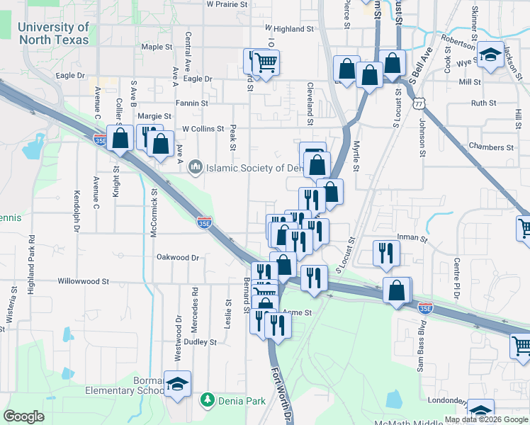 map of restaurants, bars, coffee shops, grocery stores, and more near 1407 Bernard Street in Denton