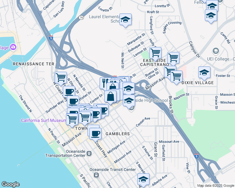 map of restaurants, bars, coffee shops, grocery stores, and more near 1040 Mission Ave in Oceanside