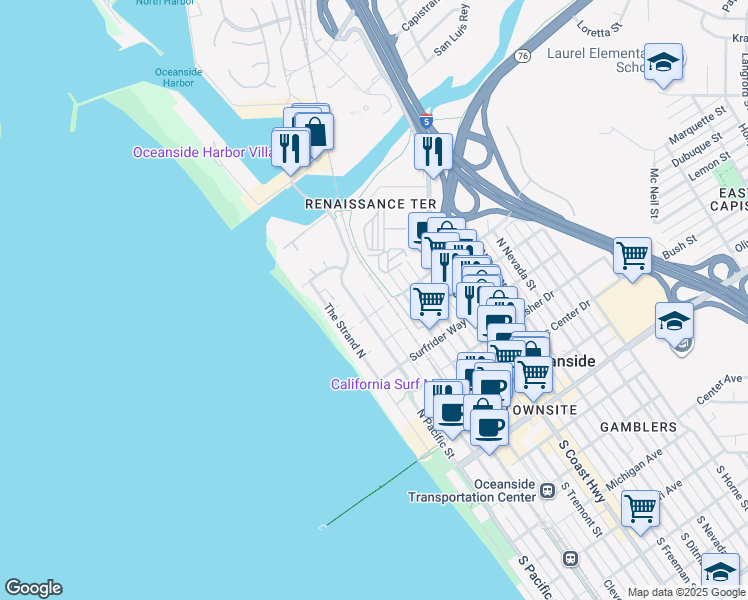 map of restaurants, bars, coffee shops, grocery stores, and more near 266 Neptune Way in Oceanside