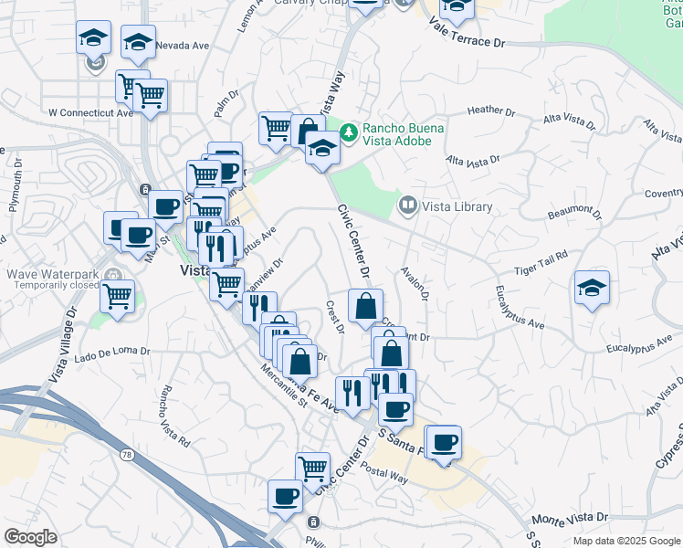 map of restaurants, bars, coffee shops, grocery stores, and more near 383 Morningside Terrace in Vista