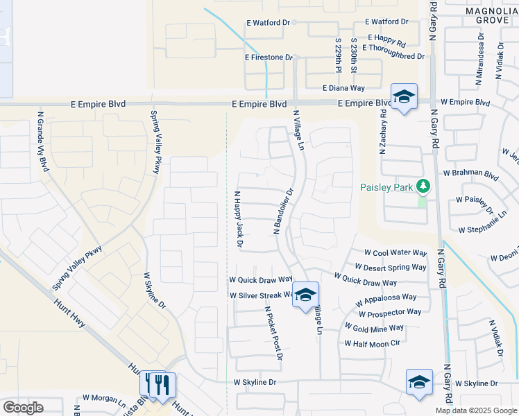 map of restaurants, bars, coffee shops, grocery stores, and more near 2590 West Cool Water Way in San Tan Valley