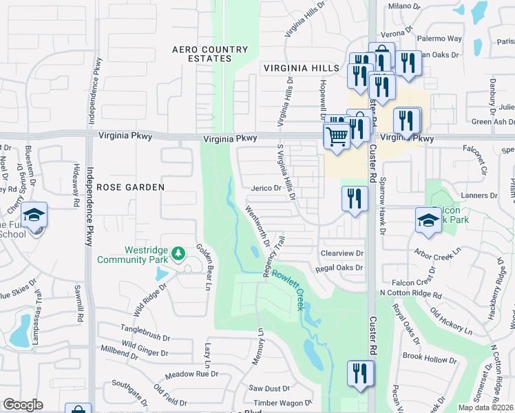 map of restaurants, bars, coffee shops, grocery stores, and more near 9408 Stonewood Drive in McKinney