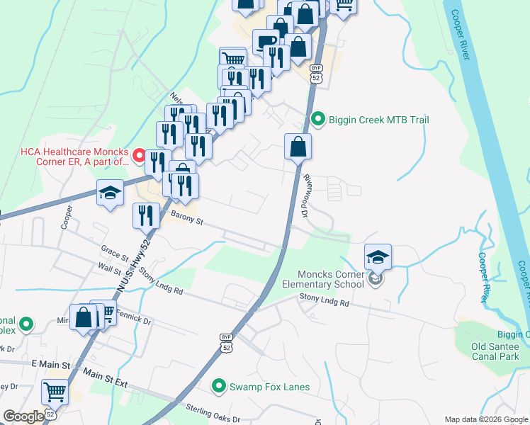 map of restaurants, bars, coffee shops, grocery stores, and more near 102 Journeys End Lane in Moncks Corner