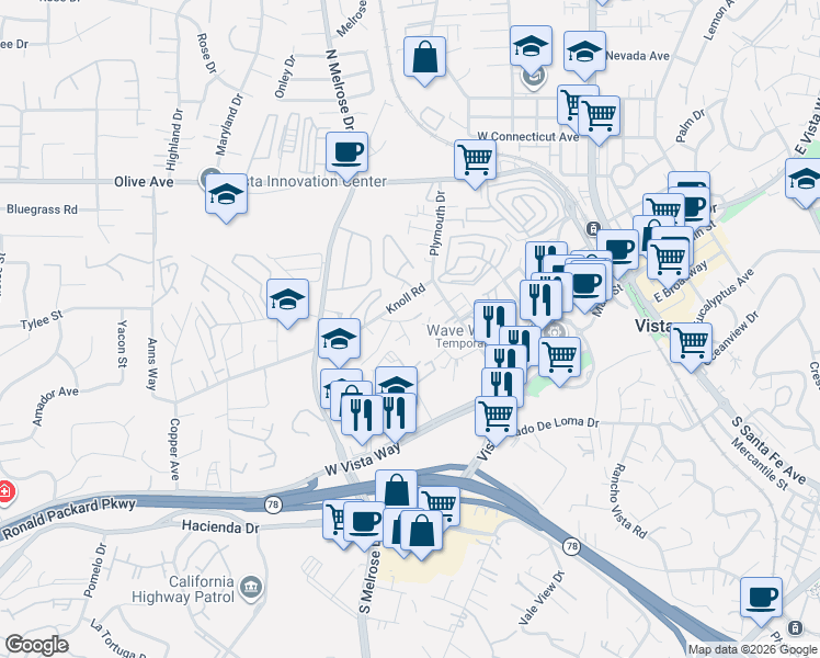 map of restaurants, bars, coffee shops, grocery stores, and more near 181 Santa Maria Court in Vista