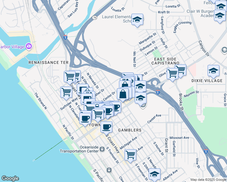 map of restaurants, bars, coffee shops, grocery stores, and more near 402 North Clementine Street in Oceanside