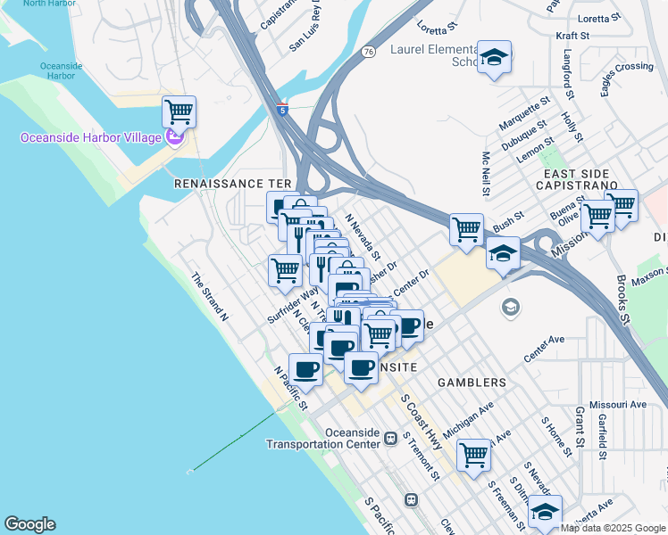 map of restaurants, bars, coffee shops, grocery stores, and more near in Oceanside
