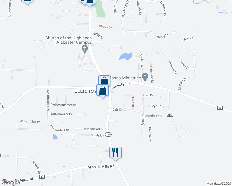 map of restaurants, bars, coffee shops, grocery stores, and more near 8218 Highway 119 in Alabaster