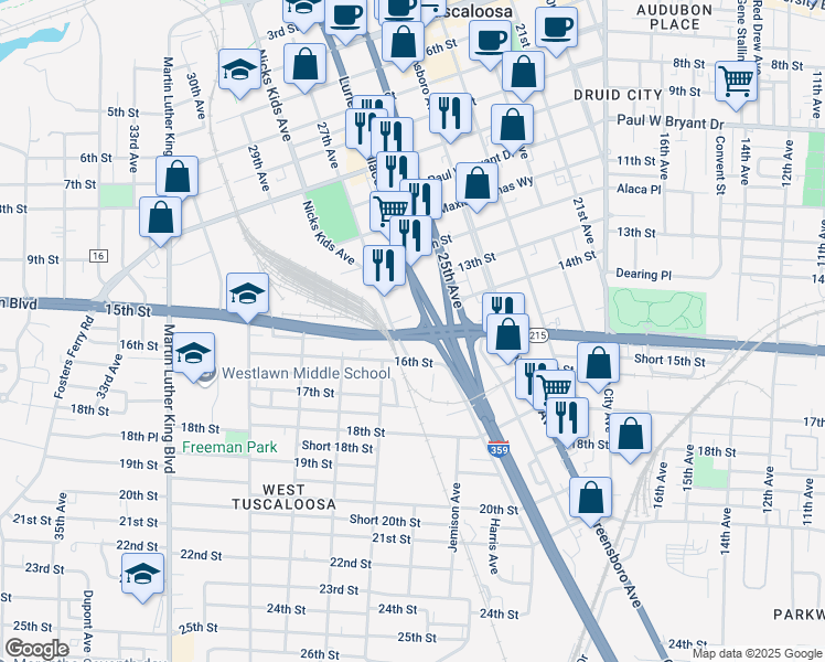 map of restaurants, bars, coffee shops, grocery stores, and more near Ty Rogers Jr Ave in Tuscaloosa