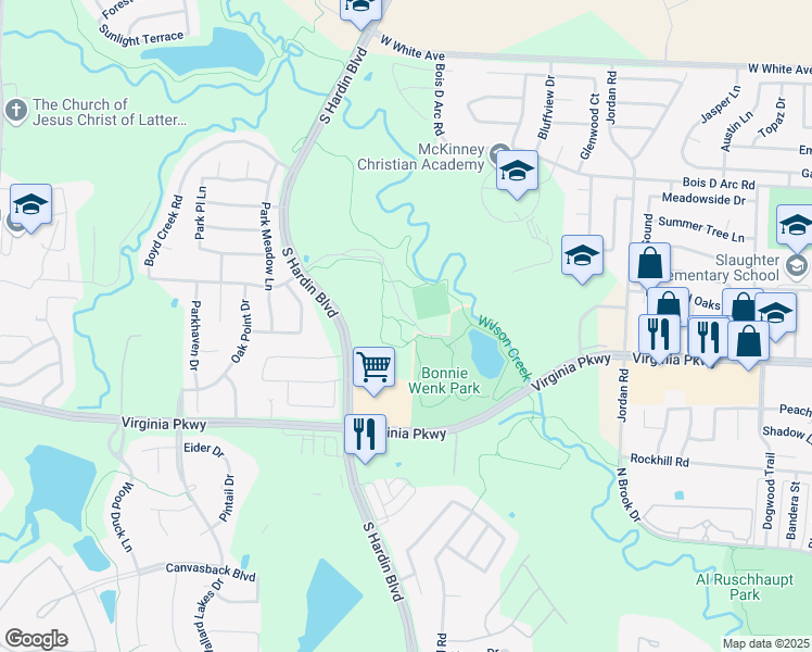 map of restaurants, bars, coffee shops, grocery stores, and more near Hardin Boulevard in McKinney