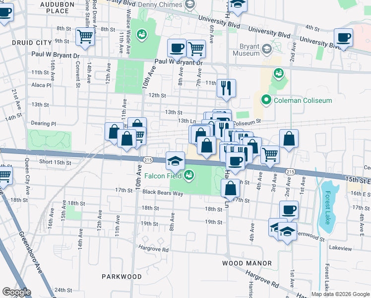 map of restaurants, bars, coffee shops, grocery stores, and more near 632 15th Street in Tuscaloosa