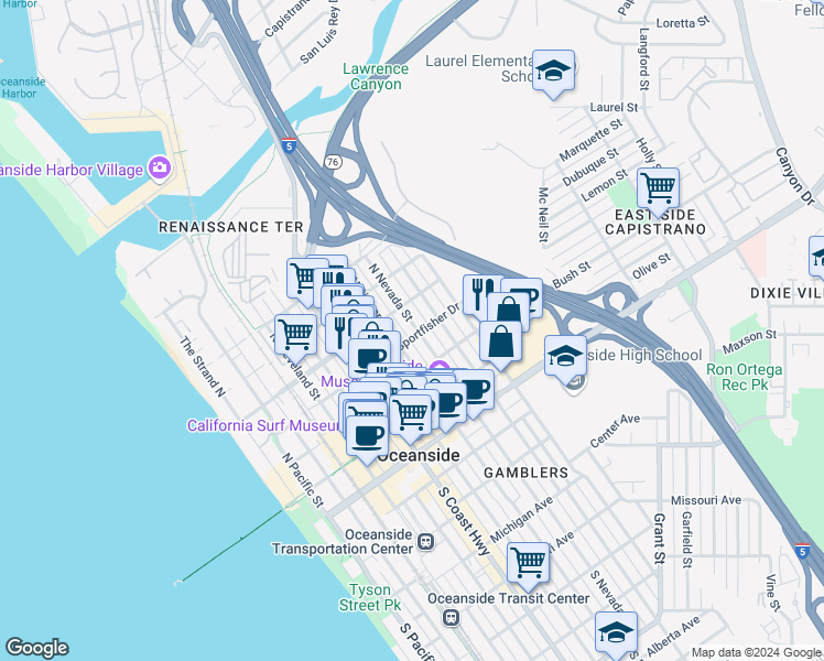 map of restaurants, bars, coffee shops, grocery stores, and more near 503 North Nevada Street in Oceanside