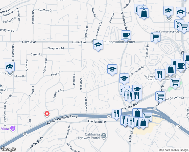 map of restaurants, bars, coffee shops, grocery stores, and more near Steelhead Way in Vista