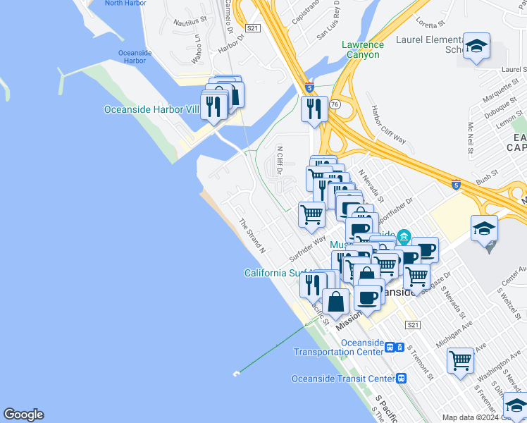 map of restaurants, bars, coffee shops, grocery stores, and more near 818 North Pacific Street in Oceanside