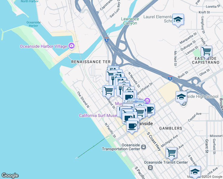 map of restaurants, bars, coffee shops, grocery stores, and more near 700 North Tremont Street in Oceanside