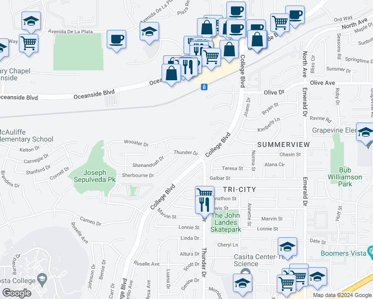 map of restaurants, bars, coffee shops, grocery stores, and more near 2738 Thunder Drive in Oceanside