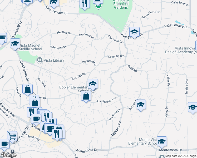 map of restaurants, bars, coffee shops, grocery stores, and more near 443 Hillway Drive in Vista