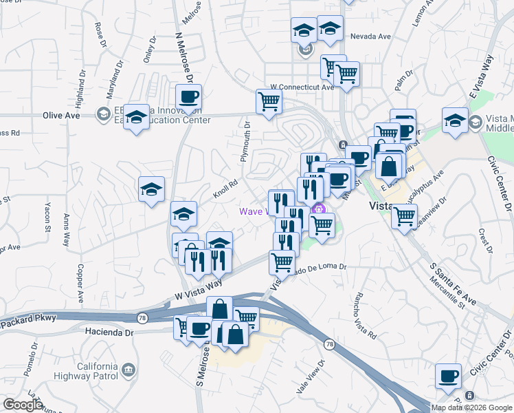 map of restaurants, bars, coffee shops, grocery stores, and more near 163 Walker Way in Vista