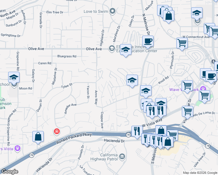 map of restaurants, bars, coffee shops, grocery stores, and more near 907 Linden Drive in Vista