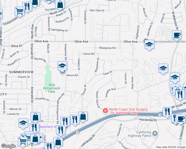 map of restaurants, bars, coffee shops, grocery stores, and more near 1246 Tylee Street in Vista
