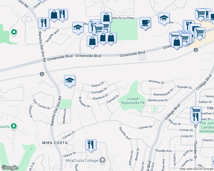 map of restaurants, bars, coffee shops, grocery stores, and more near 3829 Carnegie Drive in Oceanside