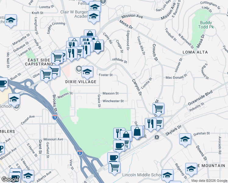 map of restaurants, bars, coffee shops, grocery stores, and more near 2121 Maxson Street in Oceanside