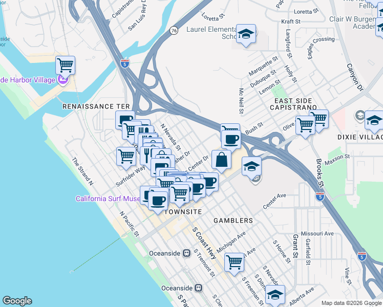 map of restaurants, bars, coffee shops, grocery stores, and more near 417 North Nevada Street in Oceanside