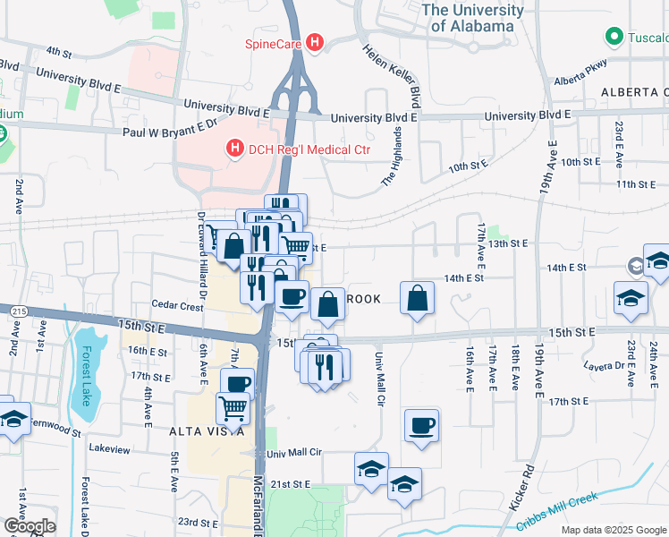 map of restaurants, bars, coffee shops, grocery stores, and more near 1410 Southern Gardens Drive in Tuscaloosa