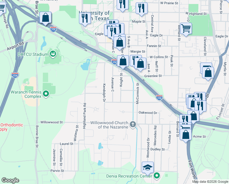 map of restaurants, bars, coffee shops, grocery stores, and more near 1505 Avenue C in Denton