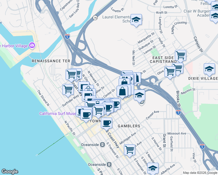 map of restaurants, bars, coffee shops, grocery stores, and more near 416 North Clementine Street in Oceanside