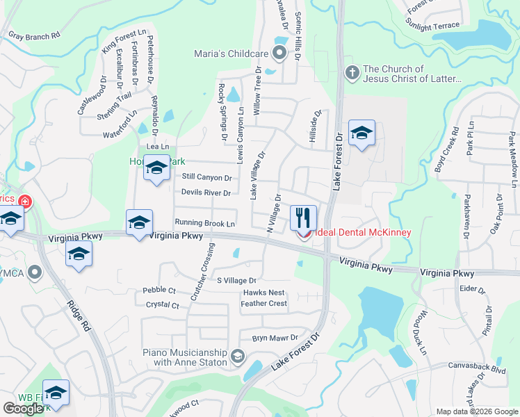 map of restaurants, bars, coffee shops, grocery stores, and more near 5201 Forest Lawn Drive in McKinney