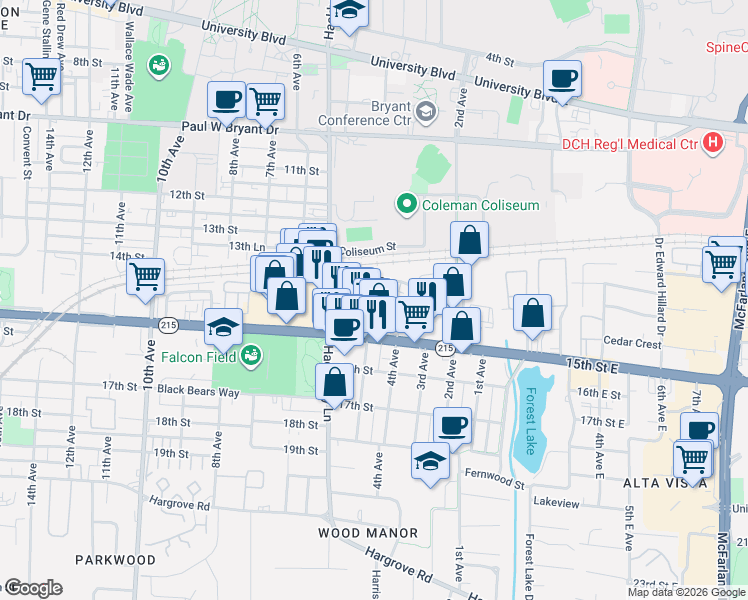 map of restaurants, bars, coffee shops, grocery stores, and more near 503 Wesley Place in Tuscaloosa