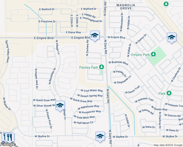 map of restaurants, bars, coffee shops, grocery stores, and more near 1756 West Stephanie Lane in San Tan Valley